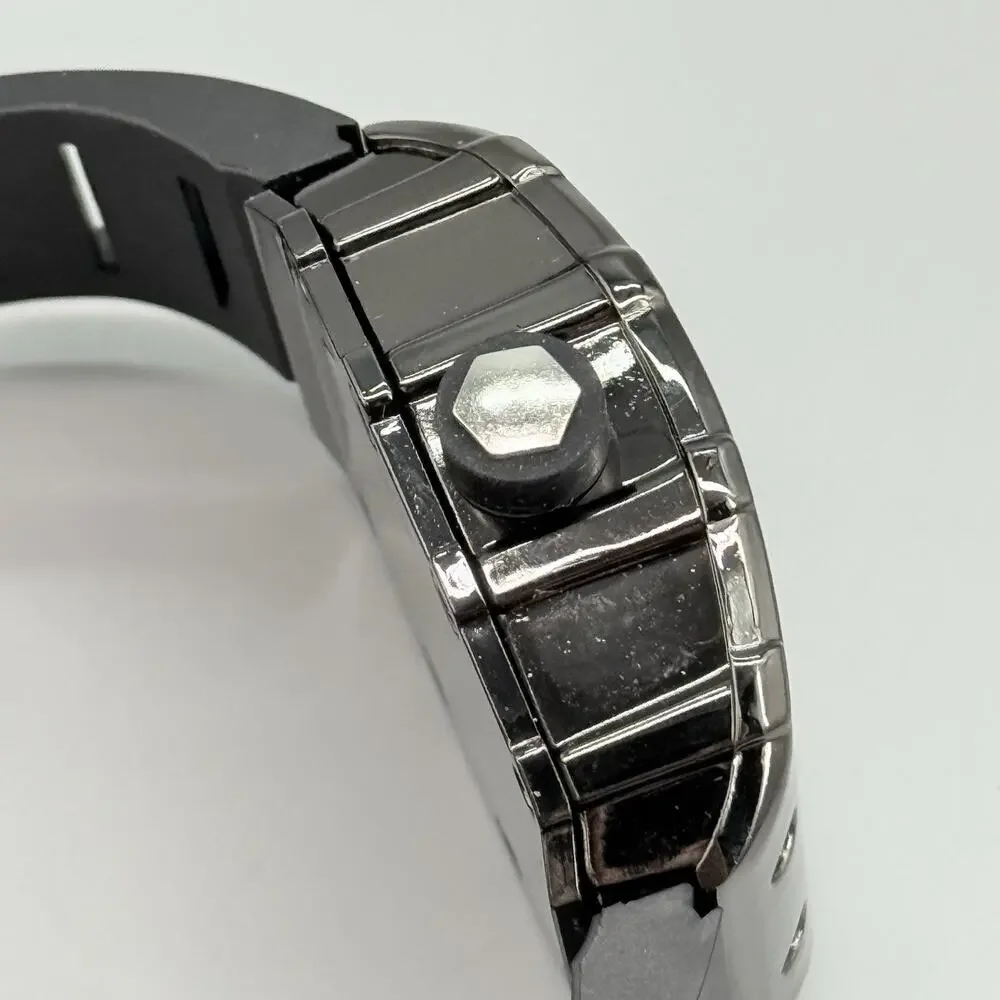Mens Black Tonneau Watch Quartz Heavy Duty Fashion Skeleton Dial Wine Barrel